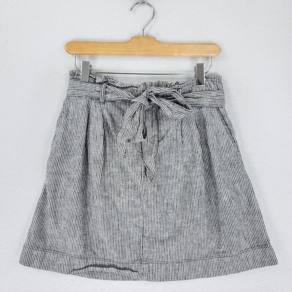 Ann Taylor LOFT Skirt Womens 2 Gray White Striped Paperbag Belted Waist Linen
